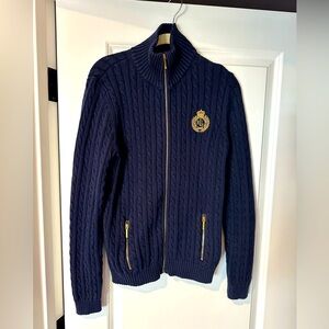 LAUREN RALPH LAUREN navy blue cable knit sweater with gold zipper detail